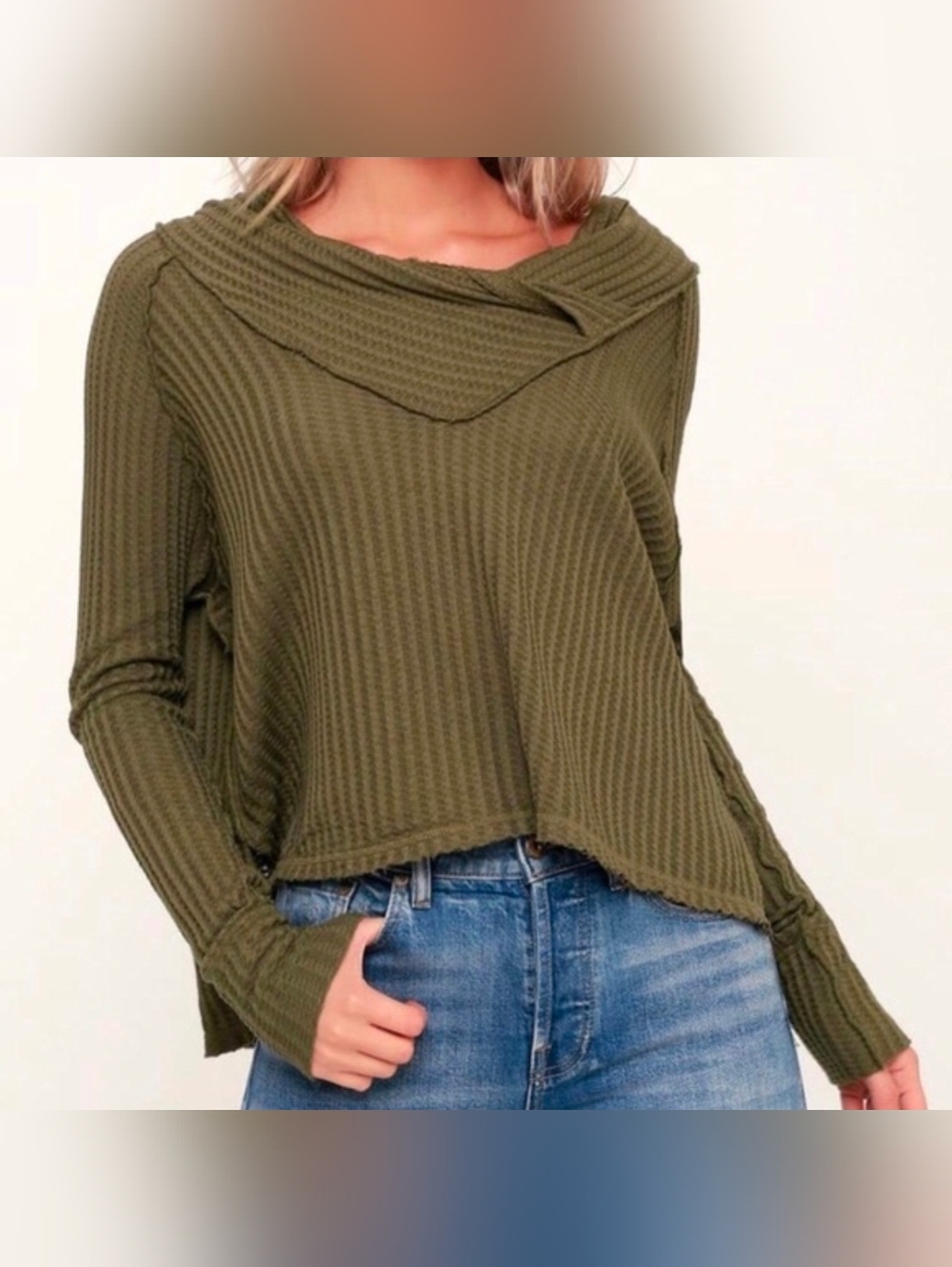 FREE PEOPLE Wildcat Cowl Neck Thermal Color Green Women's Size Small Boxy Top